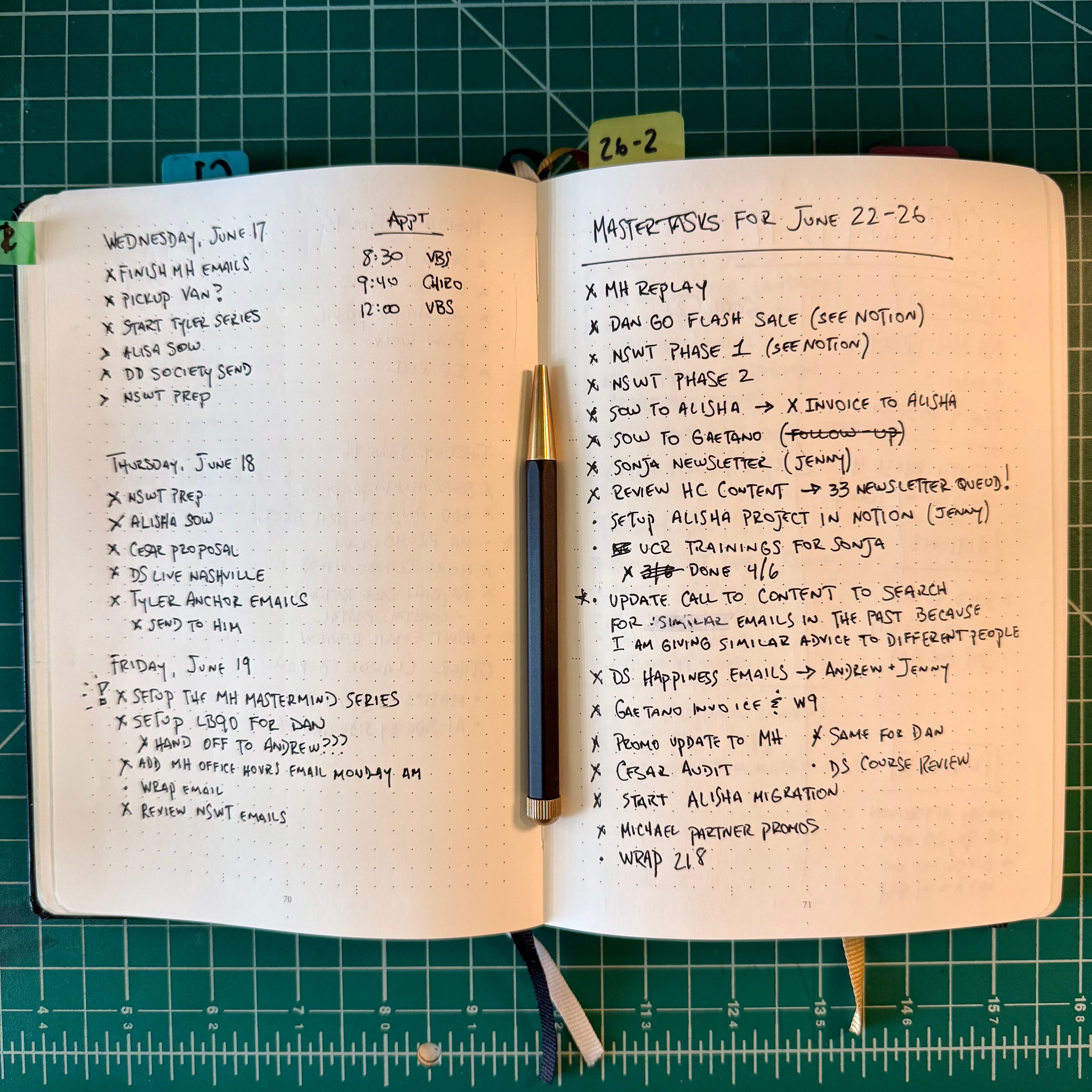 A page from Matt's real notebook in June, four items crossed out in a row, downhill handwriting, no lettering or color